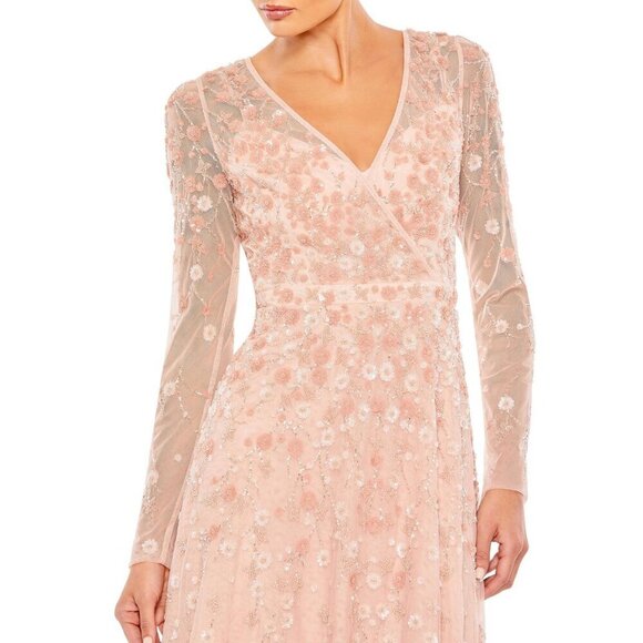 Mac Duggal Embellished Wrap Over Illusion Long Sleeve A Line Gown 16 Peach #8205 - Picture 2 of 8
